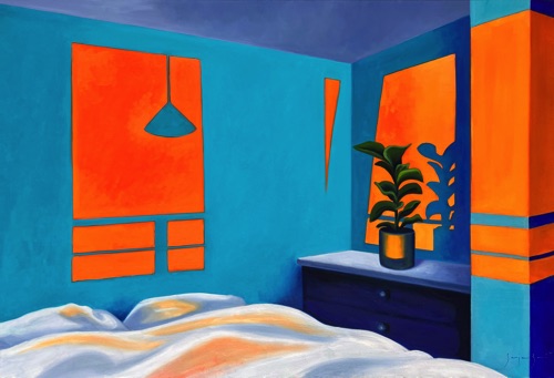 De kamer ademt
Tussen blauwe oogleden
kijkt het oranje 
olieverf op katoen 80 x 140 cm
Koop 1950 euro